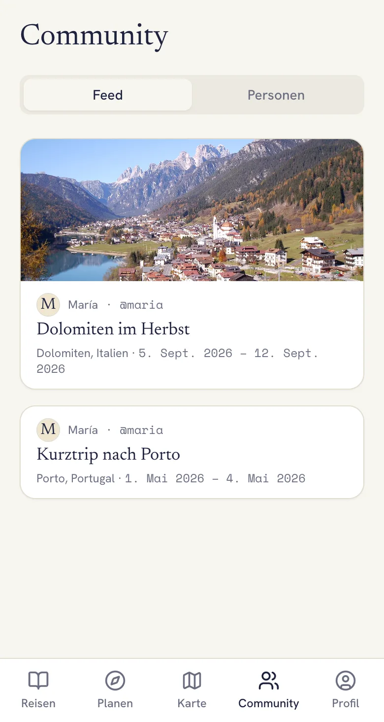 Community-Feed in Lumba mit öffentlichen Reisen einer anderen Reisenden