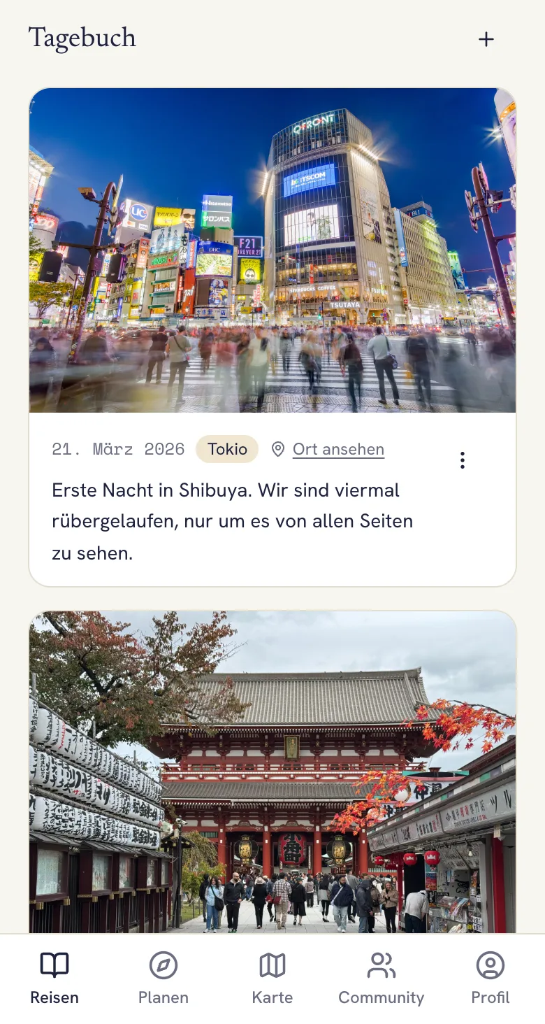 Lumba-Tagebuch mit zwei Fotos aus Tokio, Datum, Ort und einer kurzen Notiz