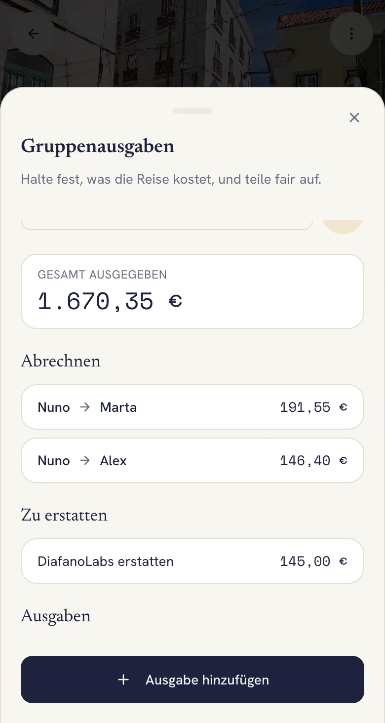 Gruppenausgaben in Lumba mit der Gesamtsumme und wer wem zahlen muss