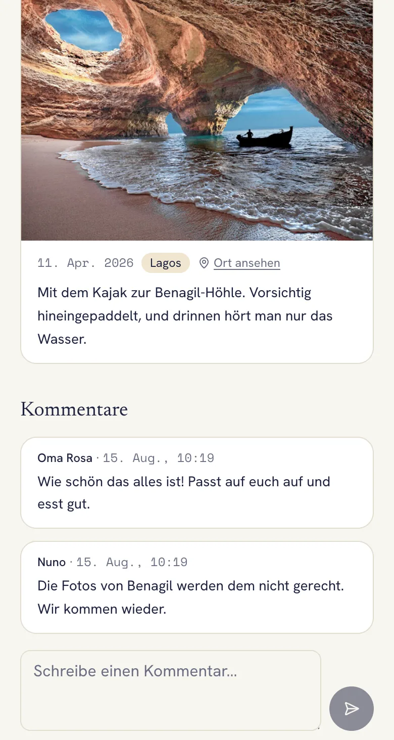 Öffentliche Seite einer geteilten Reise mit einem Foto der Benagil-Höhle und Kommentaren der Familie