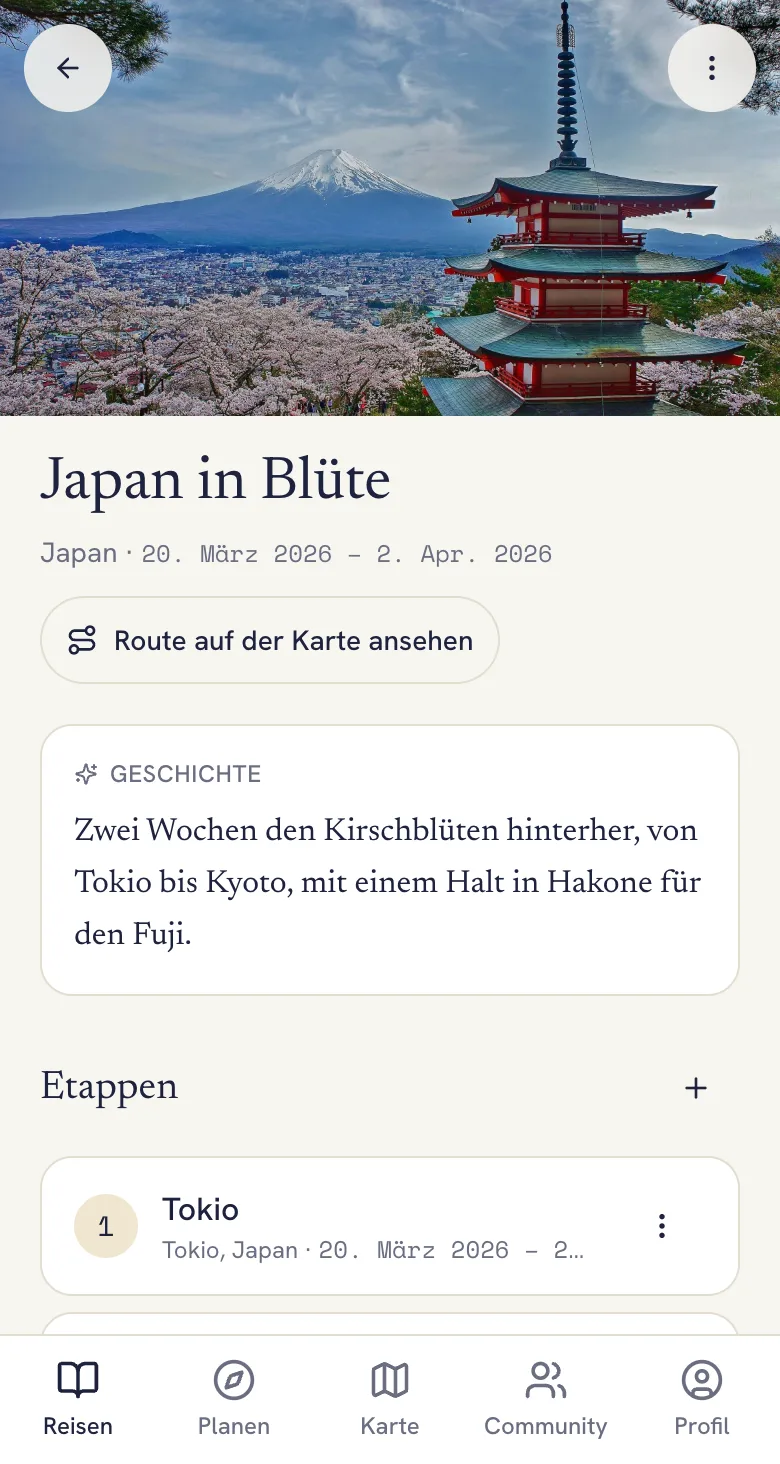 Reise-Ansicht in Lumba mit Titelbild, Geschichte und Etappen