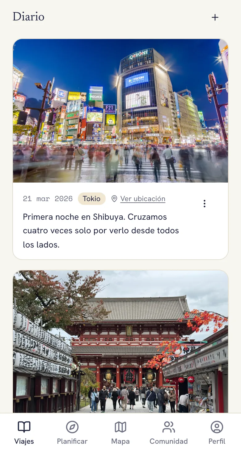 Diario de Lumba con dos fotos de Tokio, la fecha, el sitio y una nota corta