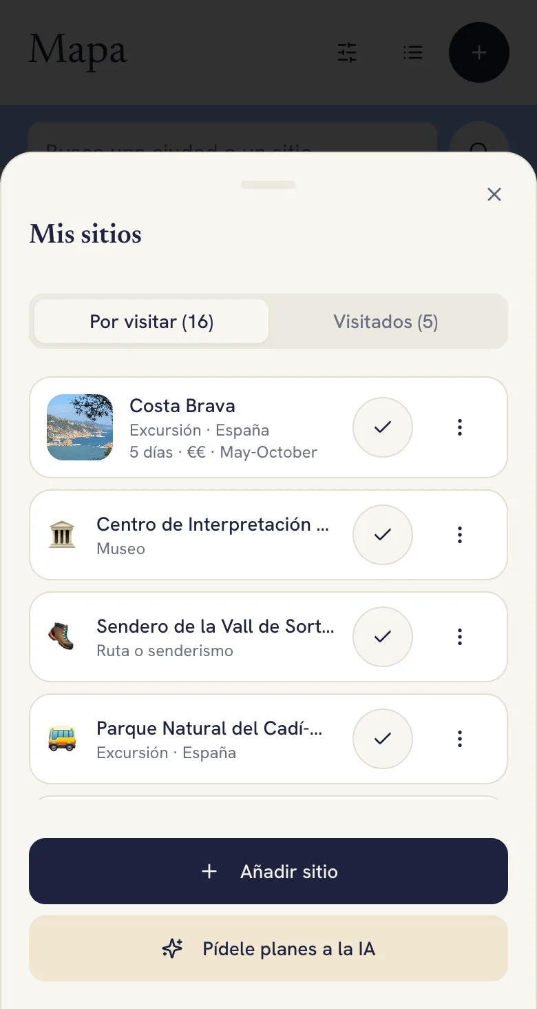 Lista de sitios guardados en Lumba, separados entre pendientes y visitados