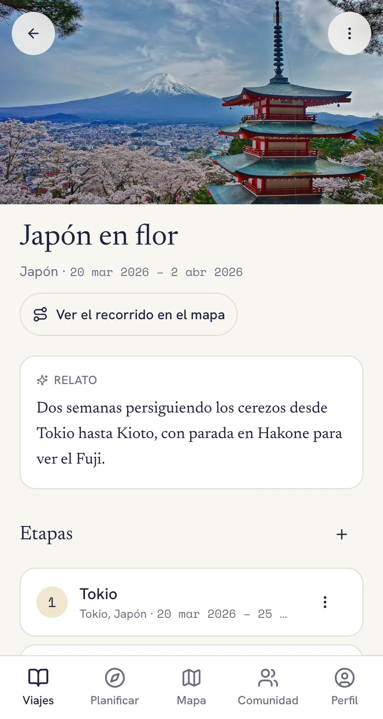 Pantalla de un viaje en Lumba con la foto de portada, la historia y las etapas