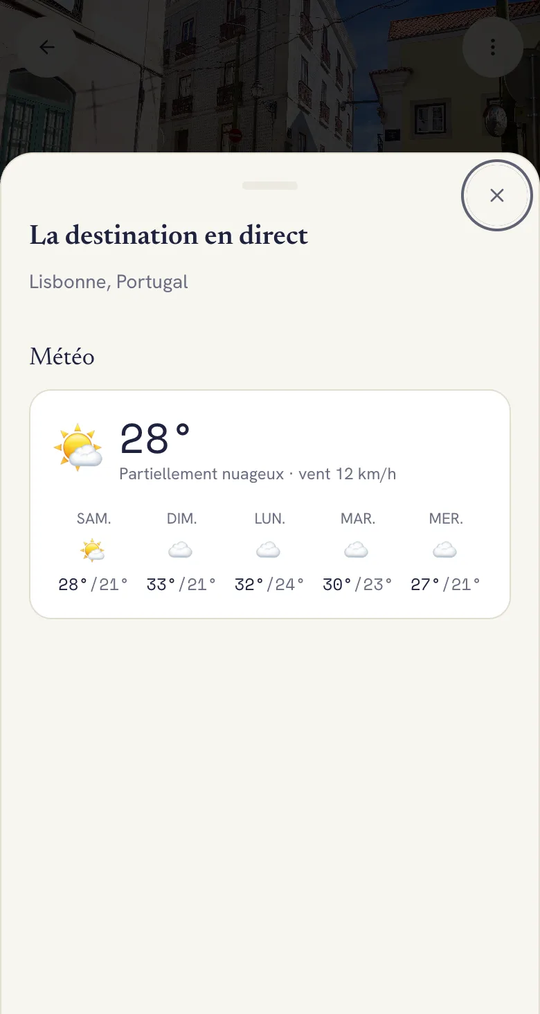 Panneau d'informations de destination dans Lumba avec la météo de Lisbonne et les prévisions à cinq jours