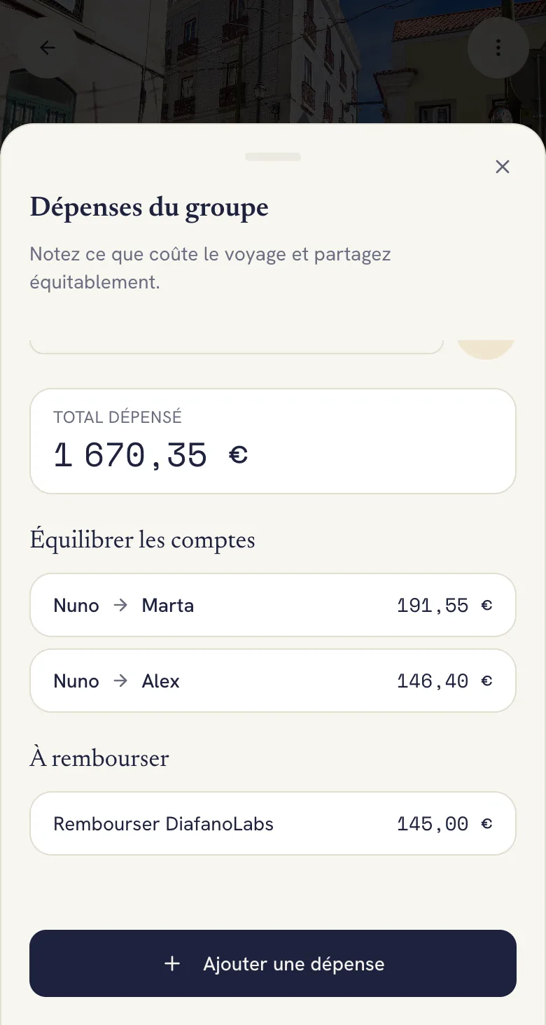 Dépenses du groupe dans Lumba avec le total dépensé et qui doit payer qui