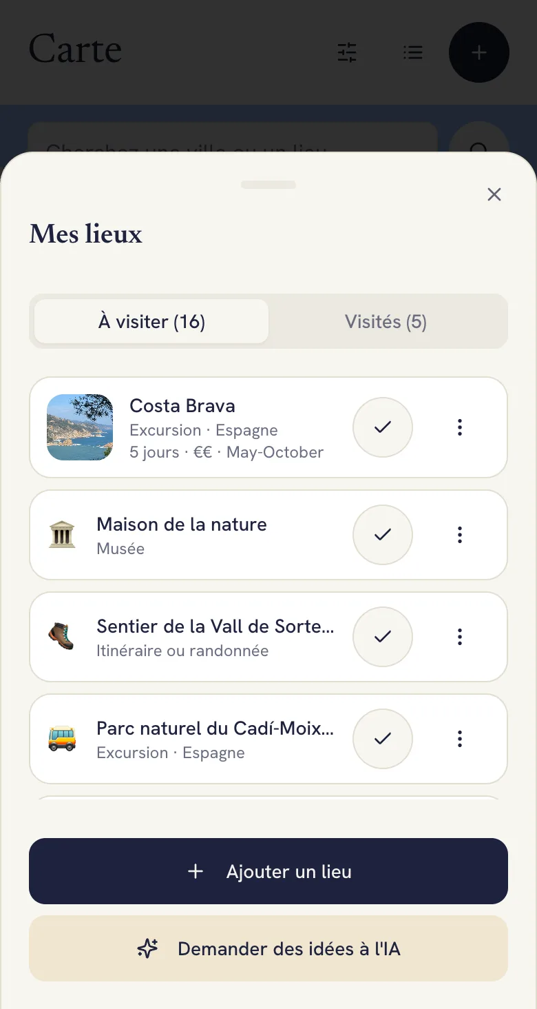 Liste des lieux enregistrés dans Lumba, séparés entre à voir et déjà vus