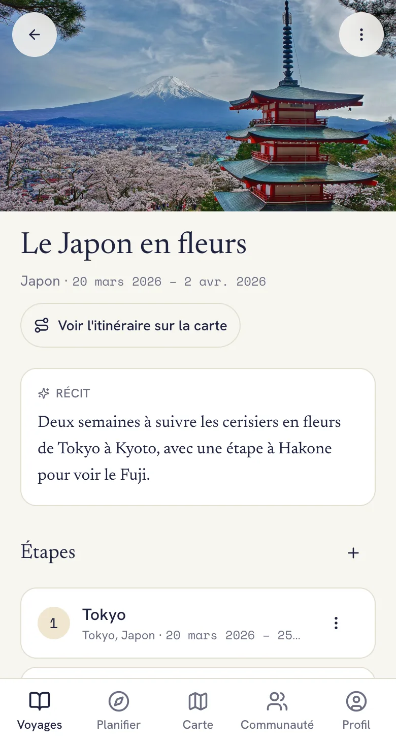 Écran d'un voyage dans Lumba avec la photo de couverture, le récit et les étapes