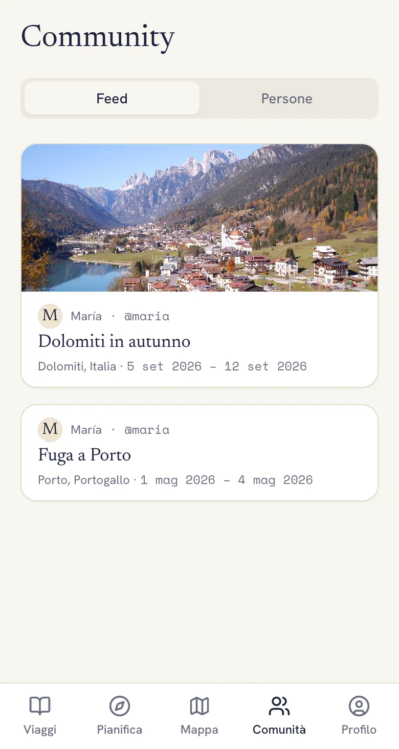 Bacheca della comunità in Lumba con i viaggi pubblici di un'altra viaggiatrice