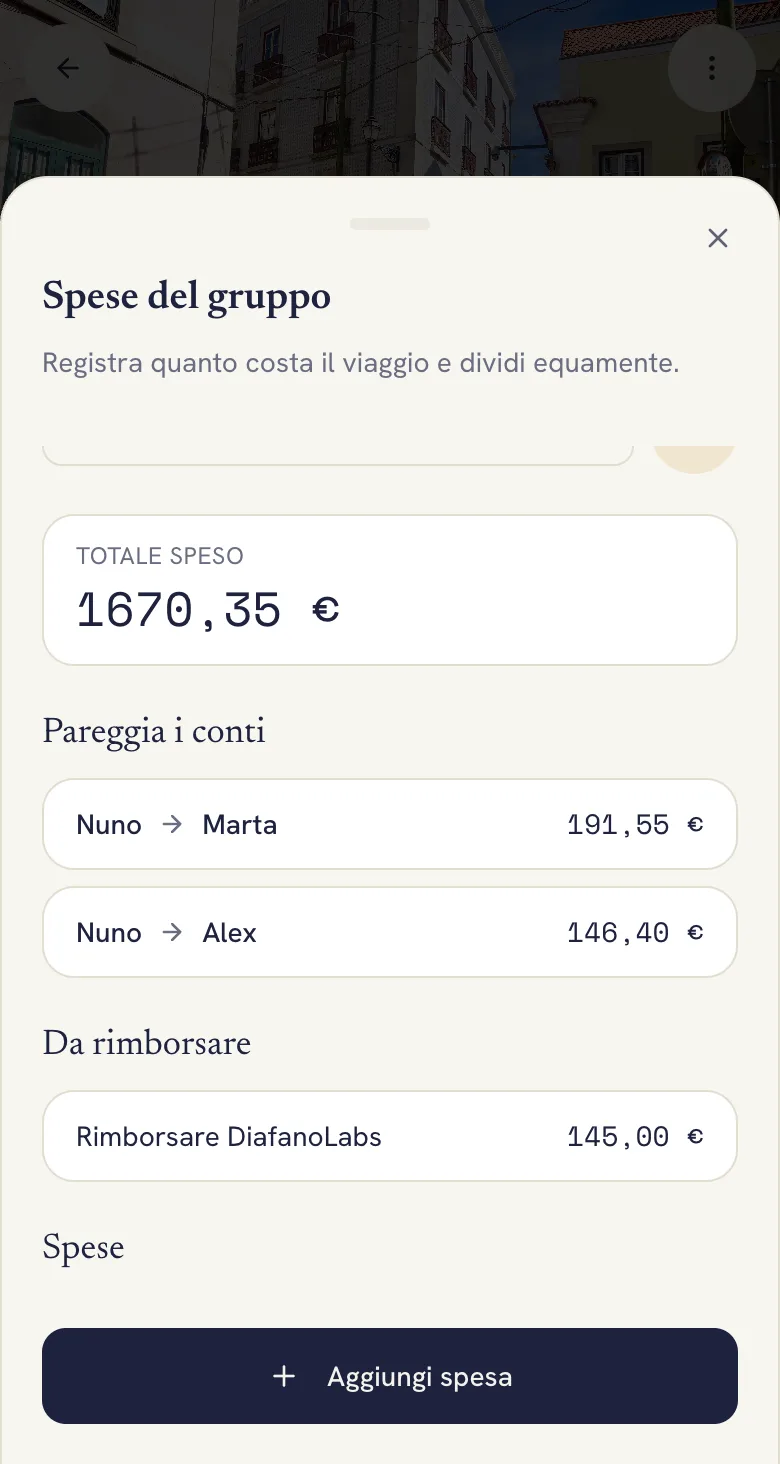 Spese di gruppo in Lumba con il totale speso e chi deve pagare chi