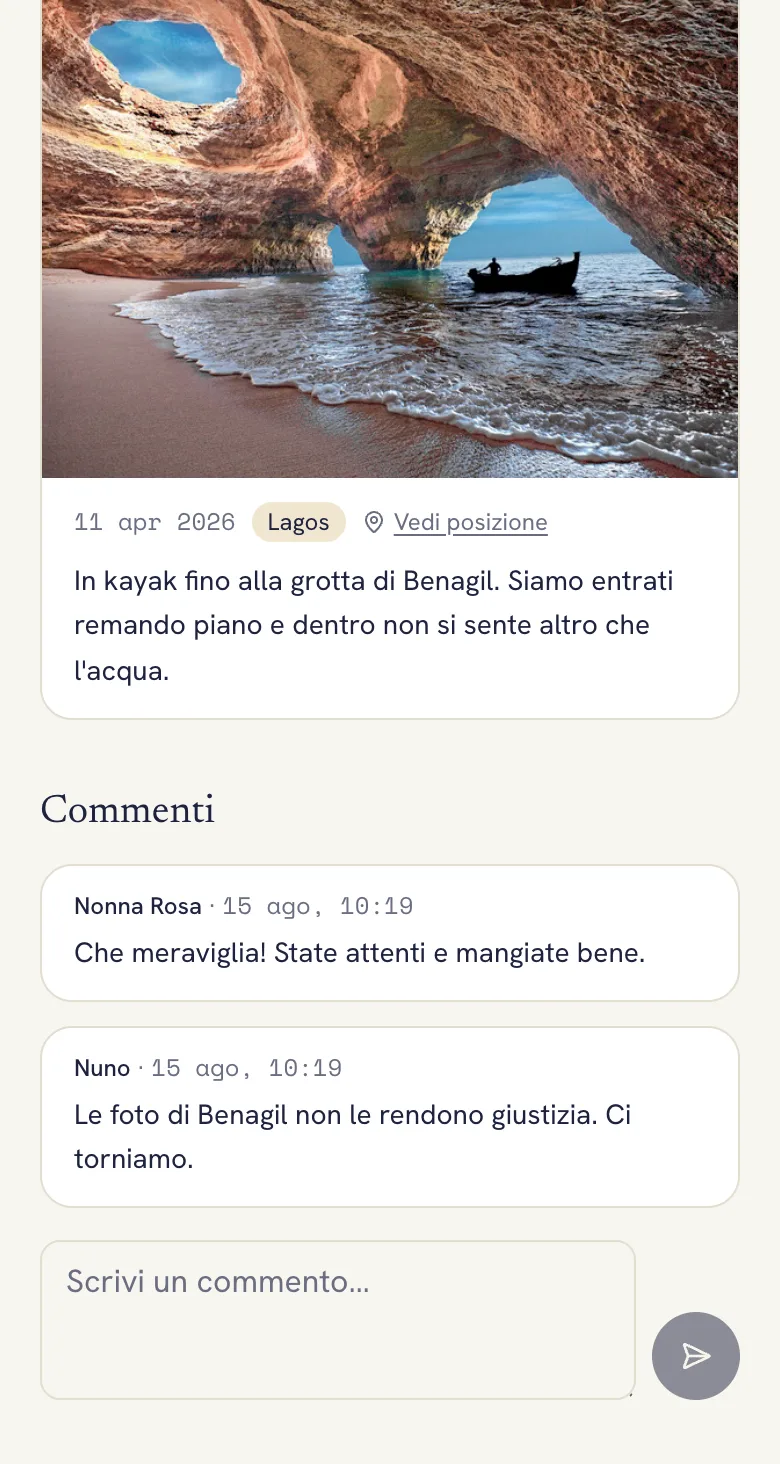 Pagina pubblica di un viaggio condiviso con una foto della grotta di Benagil e i commenti della famiglia